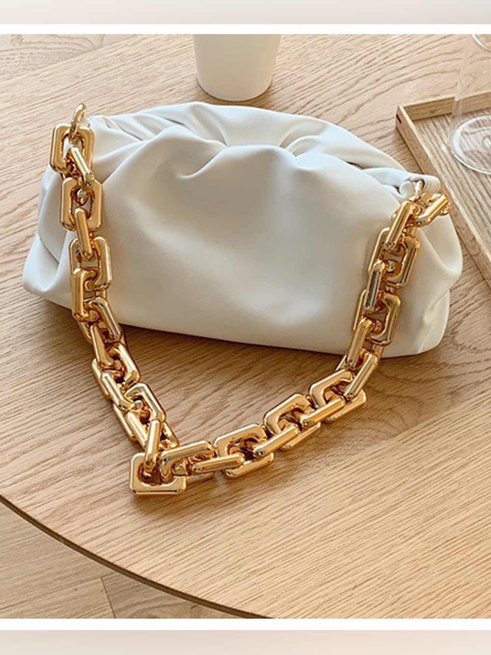 White Shoulder Bag with Chunky Gold Chain Handle
